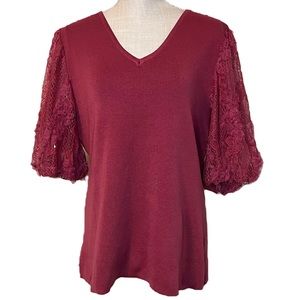 PEACH Burgundy Lace Balloon Sleeve V-Neck Top, 2XL, NWOT